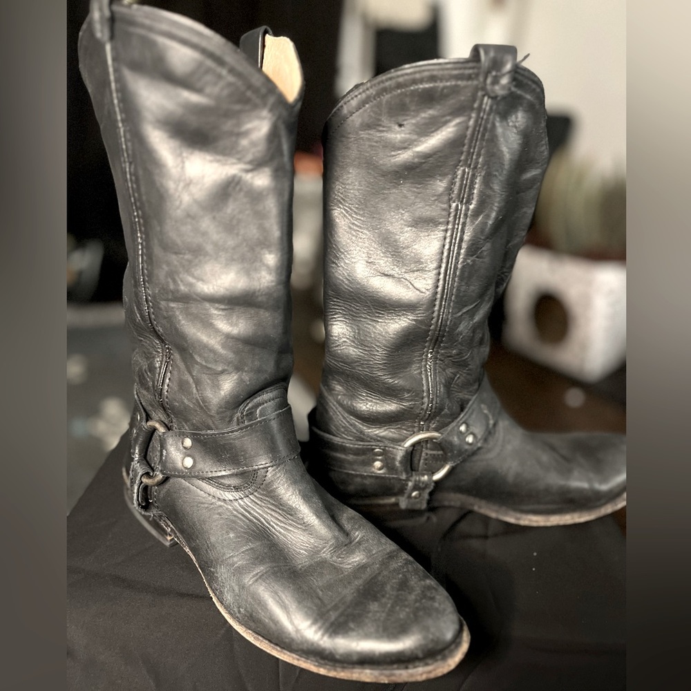 distressed Frye harness boots